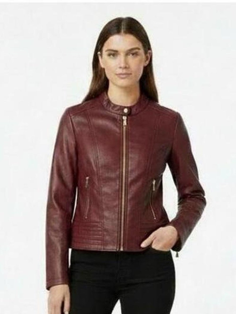 GUESS Los Angeles Burgundy Faux Leather Moto Jacket Gold Zippers Size M